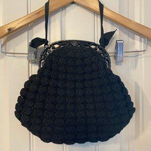 Vintage Black Crocheted Clutch Purse with Black Lucite Handle